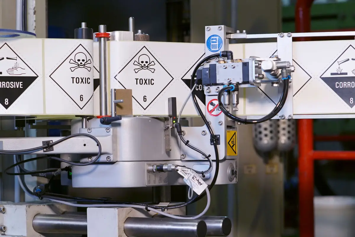 Label applicator applying hazardous labels on chemical products